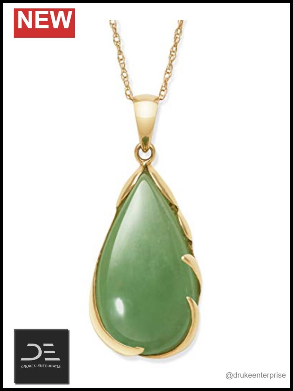 Real 14K Yellow Gold Natural Jade Teardrop Charm Pendant Necklace 18 inch